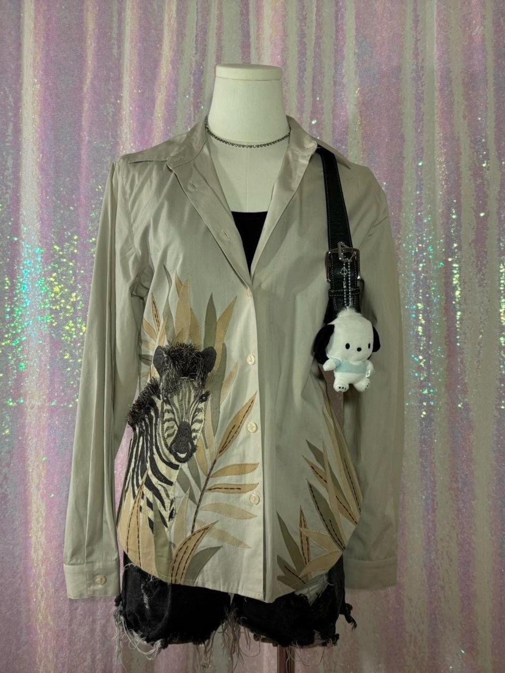 Together Beige Zebra & Leaves Detailed Button-Up Dress Shirt ★彡